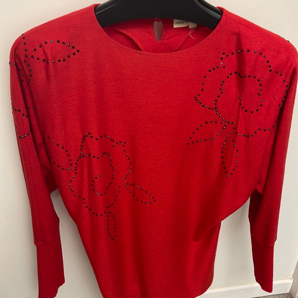 Vintage  designer Hanae Mori red wool black crystal wedge sleeve knit